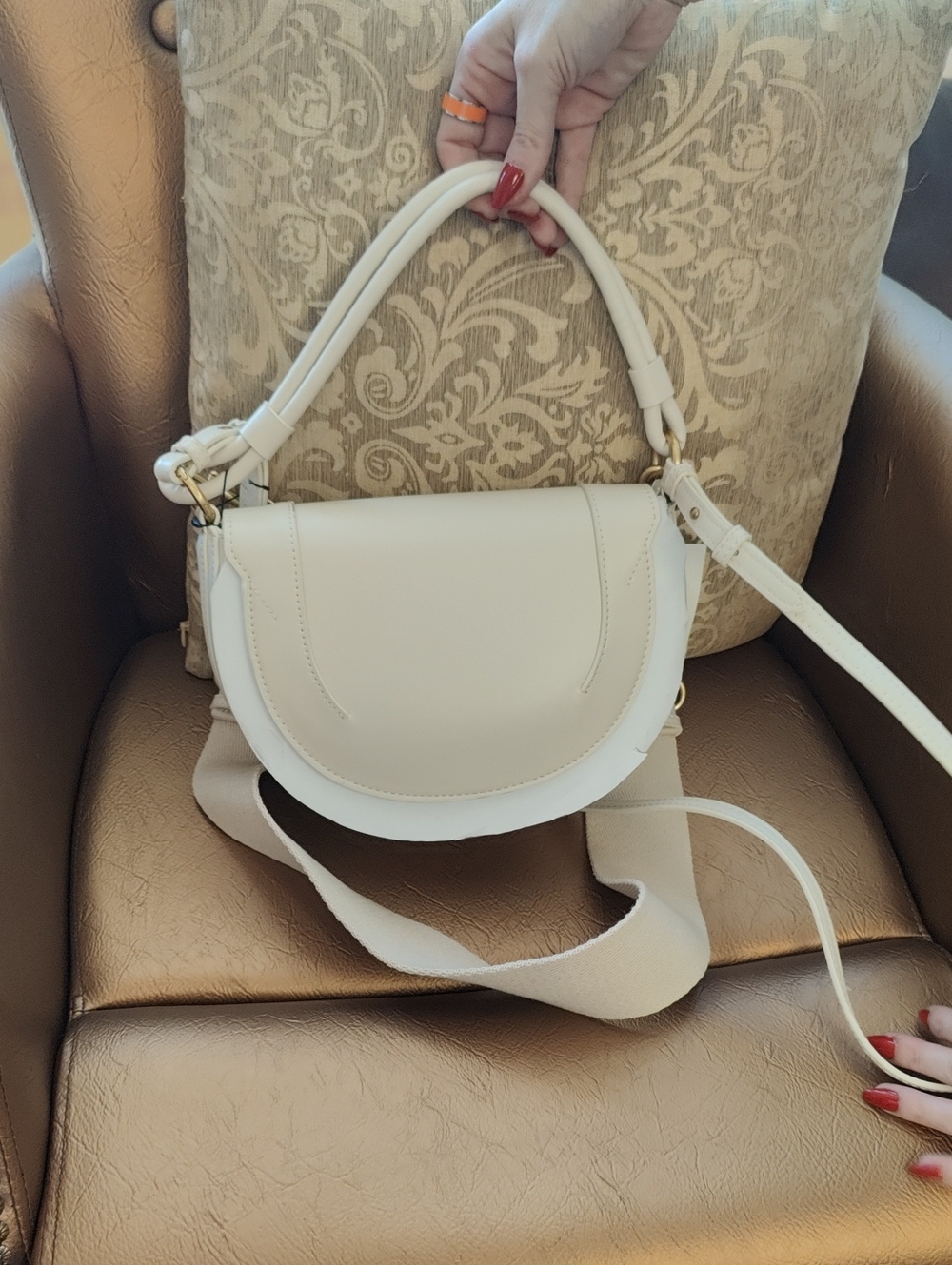 Zara Cream Crossbody Saddle Bag with Top Handle